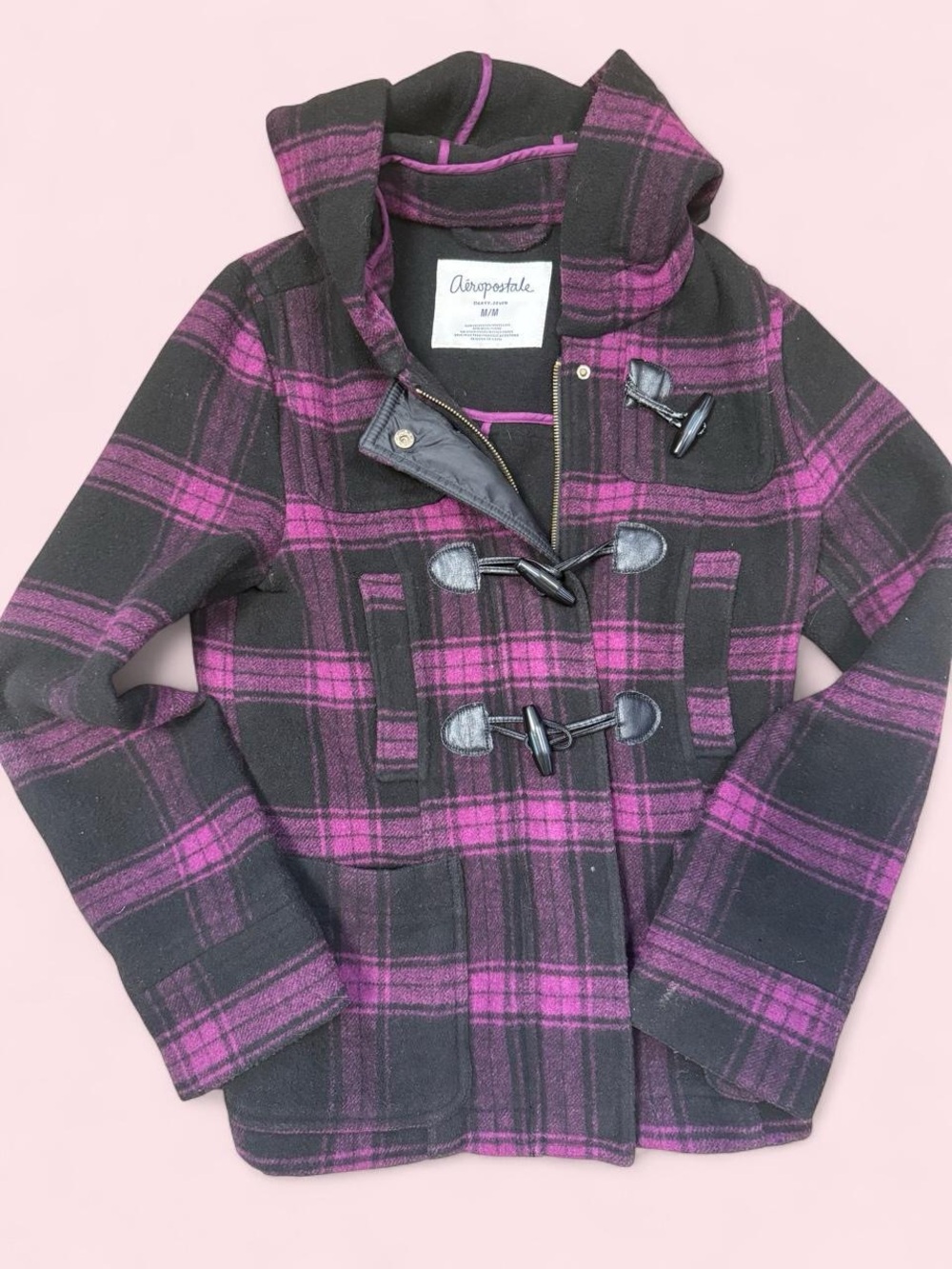 Vintage Aeropostale Women’s Black & Purple Plaid Hooded Toggle Peacoat
